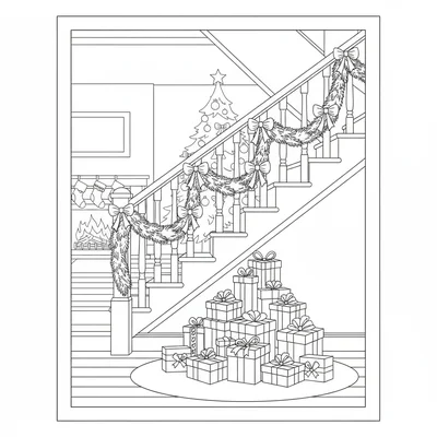 A Christmas morning stairs scene with a wooden staircase banisters wrapped coloring page