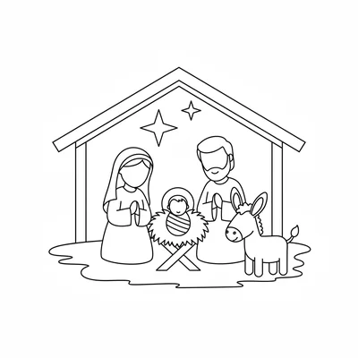 A Christmas nativity scene with a simple stable roof outline above, the baby coloring page