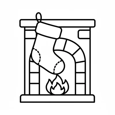 A simple Christmas stocking hung beside a fireplace, the fireplace shown coloring page