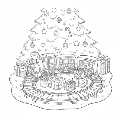 A Christmas train set scene under the Christmas tree, a simple oval track coloring page