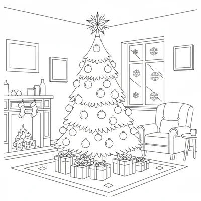 A Christmas tree standing in a living room corner decorated with round baubles coloring page