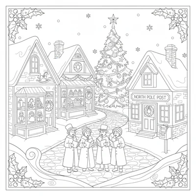 A Christmas village scene with a main street flanked by a toy shop, a bakery coloring page