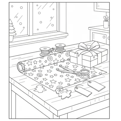 A Christmas wrapping scene on a kitchen table with a roll of wrapping paper coloring page