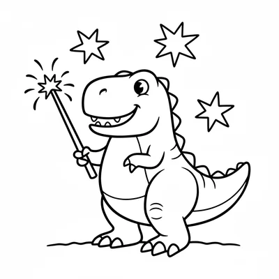 A chunky T-Rex holding a sparkler in its tiny arm, a few large star burst shape… coloring page