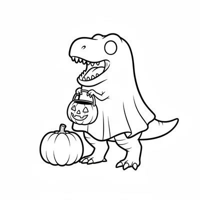 A chunky T-Rex in a simple ghost sheet costume with two big eye holes, trick-or… coloring page