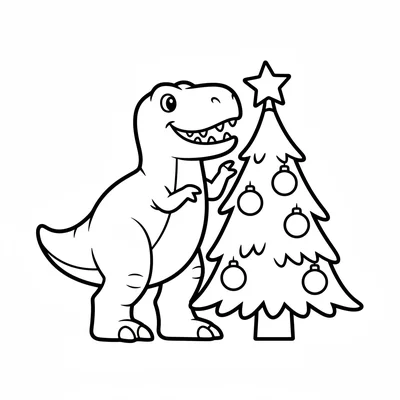 A chunky T-Rex standing next to a tall Christmas tree, struggling to reach the… coloring page