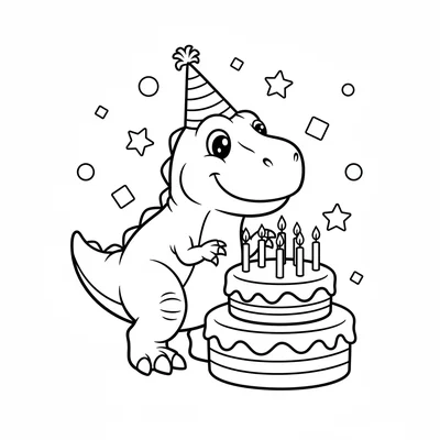 A chunky T-Rex with a birthday party hat, standing behind a large round cake wi… coloring page