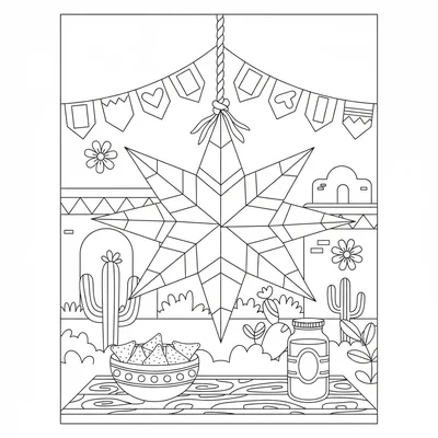 A Cinco de Mayo fiesta scene with a colorful piñata in the shape of a star coloring page