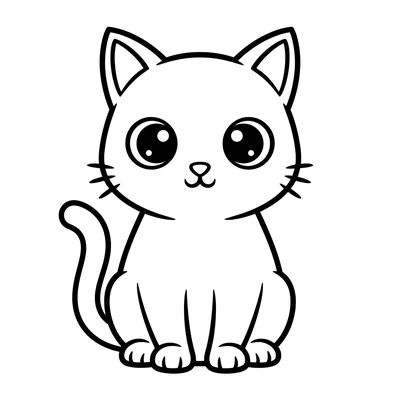 A cute little black cat sitting upright, viewed from the front, with two coloring page