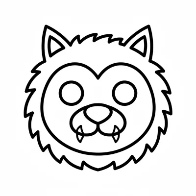A cute round werewolf face with a round snout, two large ears at the top, bushy coloring page