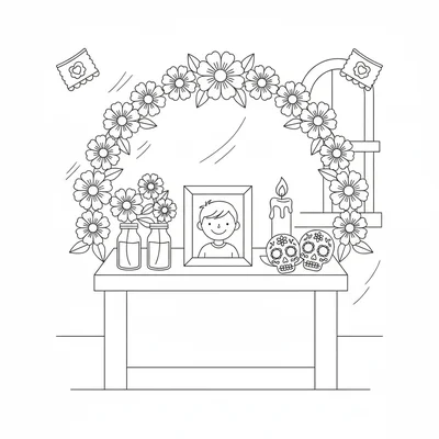 A Day of the Dead altar setup with a simple ofrenda table holding a framed coloring page