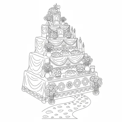 A Day of the Dead altar with tiered shelves of offerings, marigold bundles coloring page