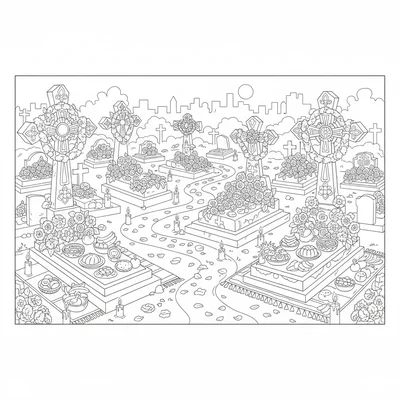 A Day of the Dead cemetery vigil scene with decorated grave coloring page