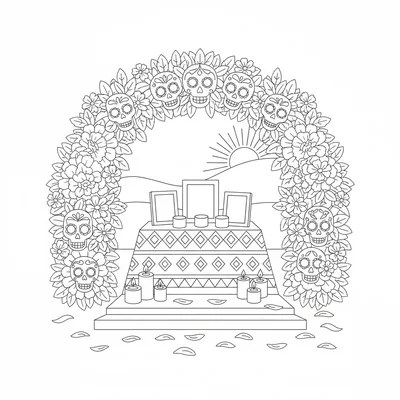 A Day of the Dead marigold arch over a simple memorial altar, with round candle coloring page