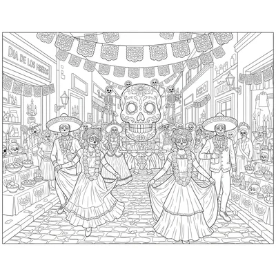 A Dia de los Muertos street procession scene with participants in full sugar coloring page