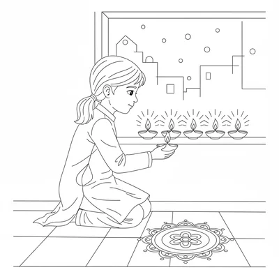 A Diwali diya lighting scene with a child placing a small clay oil lamp coloring page