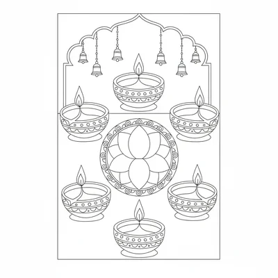 A Diwali lamp arrangement with several round oil diyas arranged coloring page