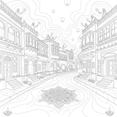 A Diwali night street scene with a row of traditional coloring page
