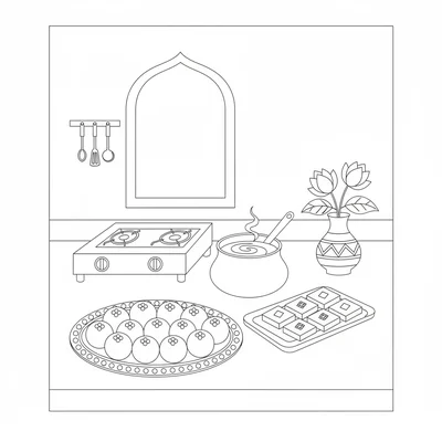 A Diwali sweet-making scene with a kitchen counter, a tray of round gulab jamun coloring page