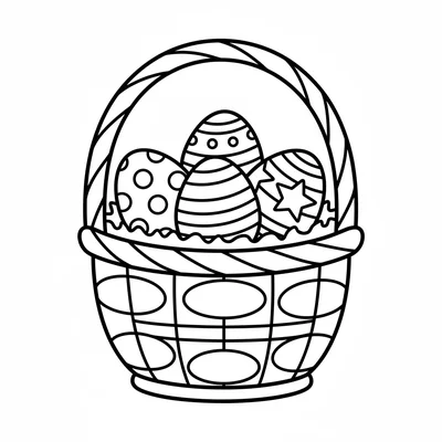 A simple Easter basket with a woven round body, a tall arched handle, and four coloring page