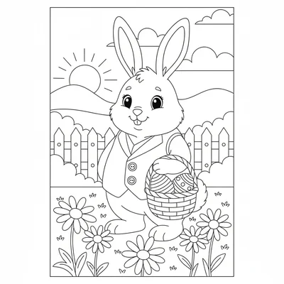 An Easter bunny in a field garden holding a basket with a few decorated eggs coloring page