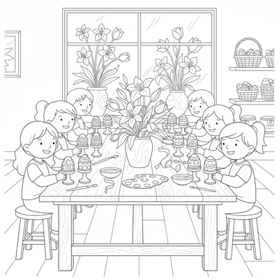 A Easter egg decorating workshop scene with a long craft table, simple child coloring page