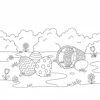 An Easter egg hunt scene in a garden with a simple hedge in the background coloring page