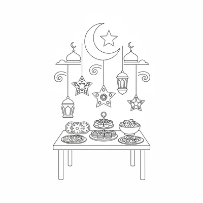 A Eid al-Fitr crescent moon scene with a stylized crescent and single star coloring page