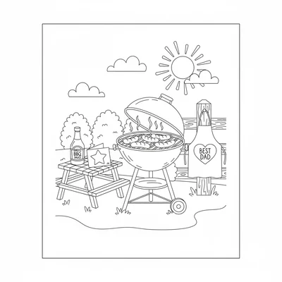 A Father's Day scene with a simple backyard grill with sausages on the grill coloring page