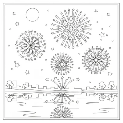 Fourth of July fireworks bursting in four locations above a calm water surface coloring page