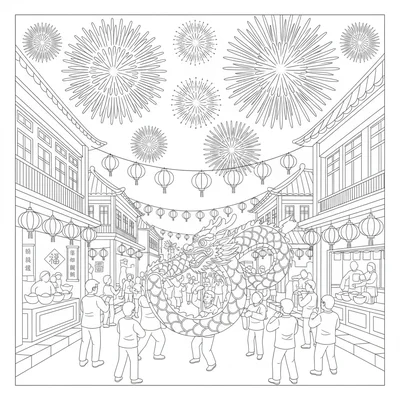 A full Lunar New Year festival street scene with a dragon dance parade filling coloring page