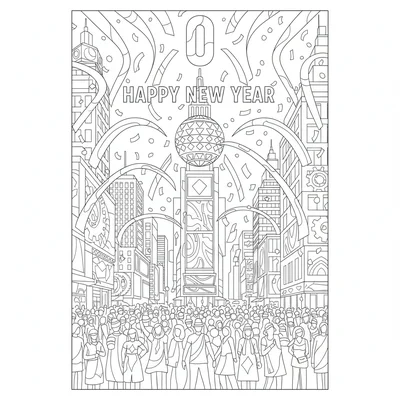 A full New Year's Times Square style celebration scene with a large ball coloring page