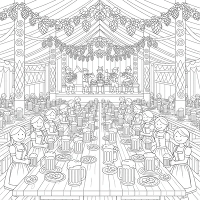 A German Oktoberfest beer tent scene with long wooden tables crowded coloring page