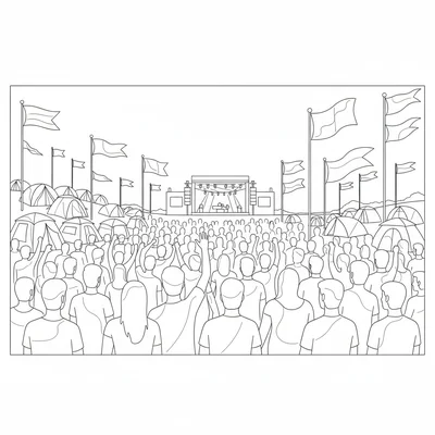 A Glastonbury-style summer music festival scene viewed from the back coloring page