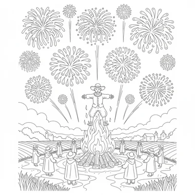 A Guy Fawkes Night scene with a bonfire burning in the center of a field coloring page