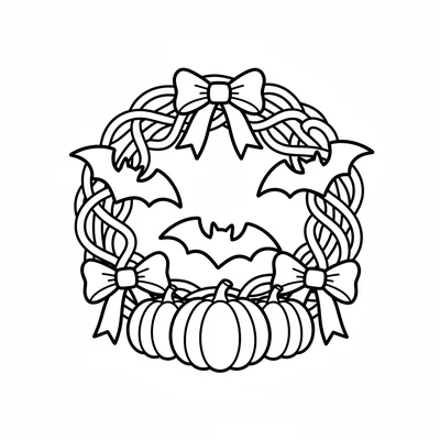 A simple Halloween autumn wreath with orange and black ribbon bows, simple coloring page
