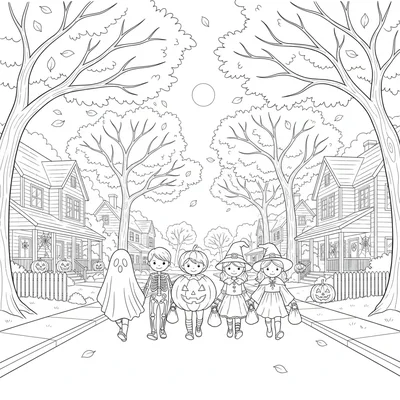 A Halloween costume parade on a suburban street with a line of children coloring page