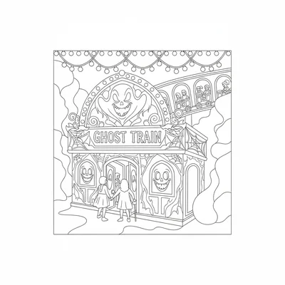 A Halloween ghost train fairground ride scene with the decorated front facade coloring page