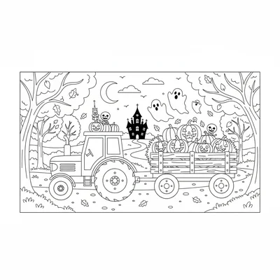 A Halloween haunted hay ride scene with a tractor pulling a flat wagon coloring page