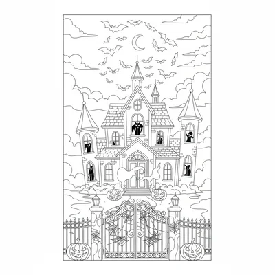 A Halloween haunted mansion exterior with turrets, arched windows with shadowy coloring page
