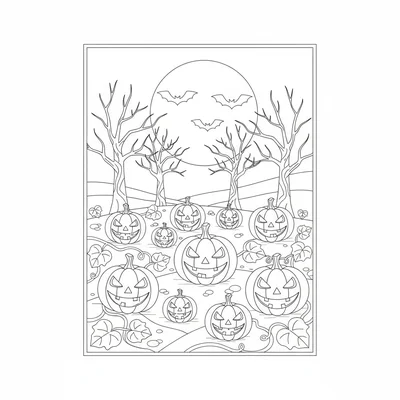 A Halloween pumpkin patch night scene with lit carved pumpkins of different coloring page