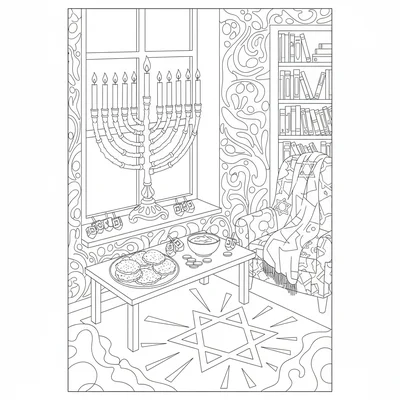 A Hanukkah celebration interior scene with a large decorated menorah coloring page