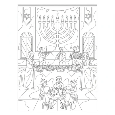 A Hanukkah community celebration scene in a hall coloring page