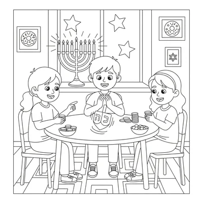 A Hanukkah dreidel game scene around a kitchen table with a dreidel spinning coloring page