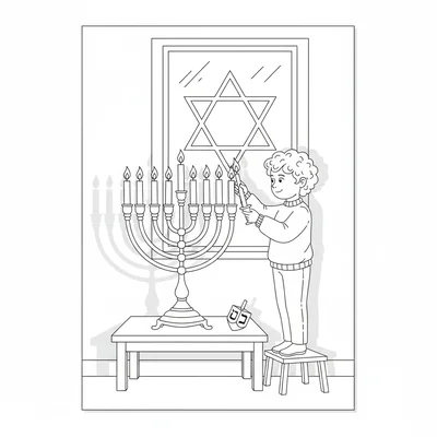 A Hanukkah menorah lighting scene with a child lighting the shamash candle coloring page