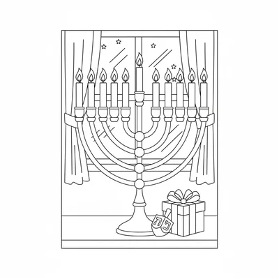 A Hanukkah menorah with all nine candles lit, the central shamash candle coloring page