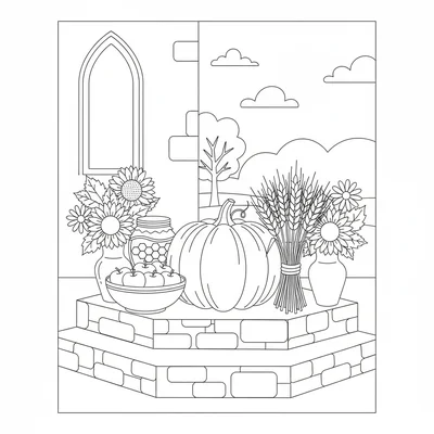 A harvest festival altar scene on a church step with a large round pumpkin coloring page