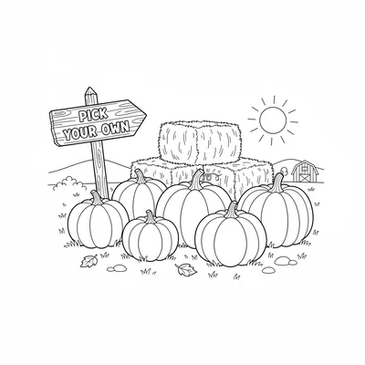 A harvest festival pumpkin patch scene with several pumpkins of different sizes coloring page