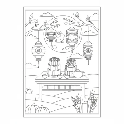 A Harvest Moon festival scene with a large full moon in the background, a table coloring page