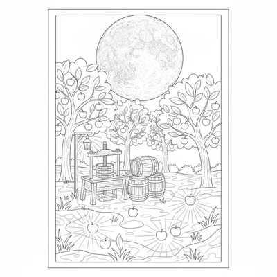 A harvest moon night apple orchard scene with a large full moon visible above coloring page